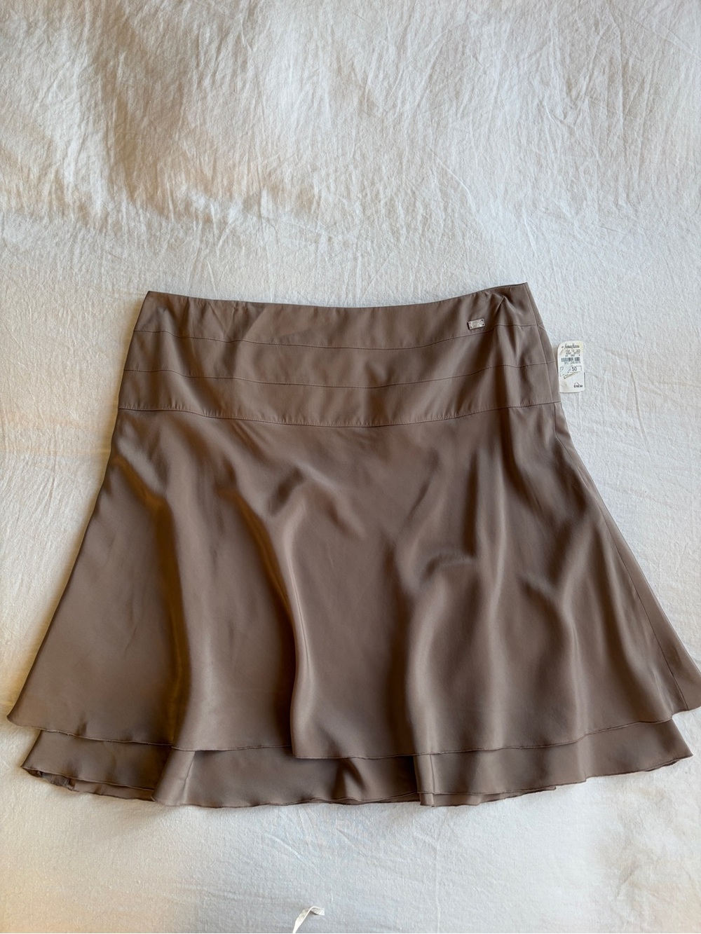 NWT Vintage Chanel Silk Logo Ruffle Flouncy Mini Skirt Taupe Brown Tan Pearl